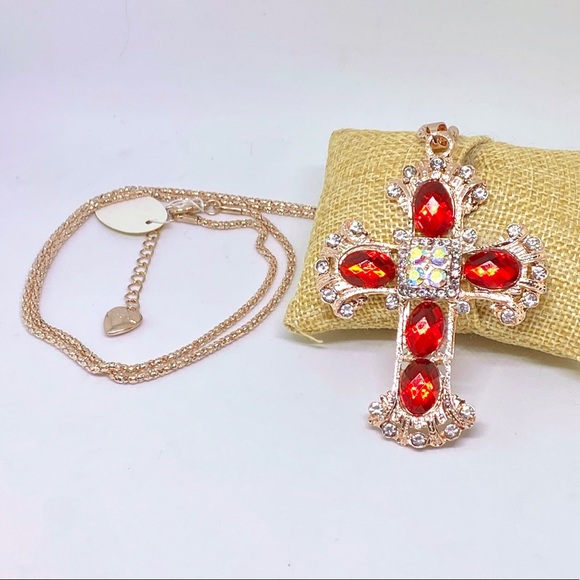 Betsy Jewelry - Ruby Red Cross Necklace Religion Western Steampunk